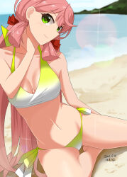 Rule 34 | 1girl, absurdres, akashi (kancolle), artist name, bikini, blunt tresses, breasts, closed mouth, dated, green eyes, hamukiyo, highres, kantai collection, long hair, looking at viewer, medium breasts, official alternate costume, on ground, pink hair, sand, side-tie bikini bottom, smile, solo, swimsuit, yellow bikini
