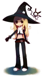 Rule 34 | belt, blonde hair, brown eyes, elbow gloves, gloves, hat, long hair, midriff, puti devil, shadow, shoes, solo, witch, witch hat