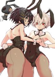 Rule 34 | 2boys, animal ears, ass, black hair, black leotard, blush, brown pantyhose, commentary, covered navel, crossdressing, detached collar, earrings, fake animal ears, from below, green eyes, hair between eyes, hair ornament, hairclip, highres, holding hands, jewelry, leotard, looking at viewer, male focus, male playboy bunny, mole, mole under mouth, monark, multiple boys, nipple slip, nipples, open mouth, pantyhose, pectoral cleavage, pectorals, pepero (prprlo), protagonist (monark), puffy nipples, rabbit ears, rabbit tail, red eyes, shiny clothes, shinya yuda, short hair, simple background, sweatdrop, symbol-only commentary, tail, testicles, trap, white background, white hair, x hair ornament