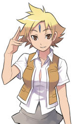Rule 34 | 00s, 1girl, androgynous, blonde hair, brown eyes, closed mouth, collared shirt, dress shirt, facial mark, forehead mark, gem, grey skirt, hand up, headpiece, maruto!, maya bryce, my-hime, my-otome, school uniform, shirt, short hair, simple background, skirt, smirk, solo, spiked hair, vest, white background, white shirt