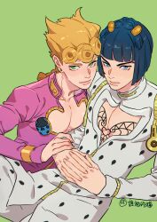 Rule 34 | 2boys, absurdres, black hair, blonde hair, blue eyes, bob cut, braid, bruno bucciarati, bug, closed mouth, giorno giovanna, green background, green eyes, highres, honlo, insect, interlocked fingers, jacket, jojo no kimyou na bouken, ladybug, long hair, long sleeves, looking at viewer, male focus, multiple boys, own hands together, pants, pectoral cleavage, pectorals, pink jacket, simple background, sitting, smile, vento aureo, white pants