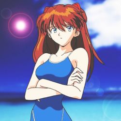 Rule 34 | 1girl, beach, blue eyes, blue one-piece swimsuit, crossed arms, day, female focus, lens flare, long hair, neon genesis evangelion, one-piece swimsuit, outdoors, red hair, sky, solo, souryuu asuka langley, sun, swimsuit