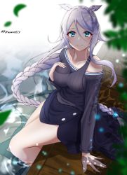 Rule 34 | 1girl, bare legs, black sweater, braid, green eyes, hachiware (8ware63), hair between eyes, hair flaps, hair ornament, hand on own chest, highres, kantai collection, long hair, looking at viewer, mole, mole under eye, off shoulder, official alternate costume, parted bangs, partially submerged, silver hair, single braid, sitting, skirt, smile, sweater, umikaze (kancolle), umikaze kai ni (kancolle), very long hair, water