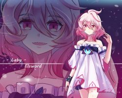 Rule 34 | 1girl, ahoge, bare shoulders, character name, child (elsword), closed mouth, copyright name, cowboy shot, detached sleeves, dress, elsword, gradient hair, laby (elsword), looking at viewer, messy hair, multicolored hair, nga (ray ray), open mouth, pink eyes, pink hair, purple background, sharp teeth, short hair, smile, solo, standing, teeth, white dress, white hair, white sleeves, zoom layer