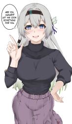 Rule 34 | 1girl, :d, breasts, bright pupils, commentary, cowboy shot, firefly (honkai: star rail), grey hair, hairband, hand up, highres, honkai: star rail, honkai (series), kagurachi, large breasts, long hair, open mouth, purple eyes, purple skirt, skirt, smile, solo, speech bubble, standing, sweater, turtleneck, turtleneck sweater, very long hair