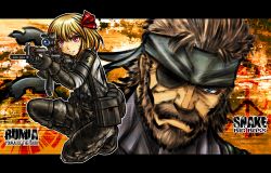 Rule 34 | 1boy, 1girl, assault rifle, bad id, bad pixiv id, bandaid, beard, big boss, blonde hair, blue eyes, brown hair, camouflage, crossover, embodiment of scarlet devil, eyepatch, facial hair, finger on trigger, fingerless gloves, five-seven (0verlimits), gloves, gun, hair ribbon, headband, kneeling, letterboxed, m4 carbine, metal gear (series), metal gear solid: peace walker, military operator, on one knee, red eyes, ribbon, rifle, rumia, scope, short hair, touhou, weapon