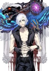 Rule 34 | 1boy, bird, black eyes, black pants, cane, cover, cover art, cover page, crow, devil may cry (series), devil may cry 5, dripping, framed, griffon (devil may cry 5), highres, looking at viewer, male focus, manga cover, nightmare (devil may cry), ogata tomio, panther, pants, shadow (devil may cry 5), shirt, sleeveless, sleeveless shirt, v (devil may cry), white background, white hair