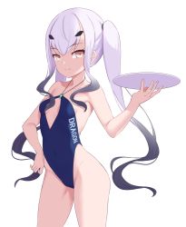 Rule 34 | 1girl, black hair, blue one-piece swimsuit, breasts, closed mouth, melusine (fate), fate/grand order, fate (series), gradient hair, highres, holding, jilu, long hair, looking at viewer, multicolored hair, o-ring, o-ring swimsuit, one-piece swimsuit, simple background, small breasts, smile, solo, swimsuit, thick eyebrows, twintails, white background, white hair, yellow eyes