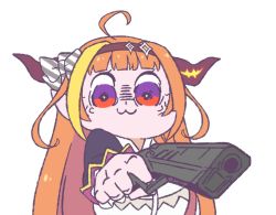 Rule 34 | 1girl, :3, aiming, aiming at viewer, anger vein, bkub (style), finger on trigger, gun, hairband, handgun, holding, holding gun, holding weapon, hololive, horns, kiryu coco, kiryu coco (1st costume), kukie-nyan, long hair, looking at viewer, multicolored hair, orange hair, pistol, poptepipic, purple eyes, red eyes, shaded face, simple background, solo, streaked hair, twitter username, two-tone hair, upper body, virtual youtuber, weapon, white background, wide-eyed