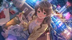 Rule 34 | 1girl, blush, breasts, brown hair, building, cityscape, cleavage, cup, drinking glass, game cg, green eyes, idolmaster, idolmaster million live!, idolmaster million live! theater days, jewelry, medium breasts, necklace, official art, sakuramori kaori, solo, water, wine glass