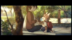 Rule 34 | 1boy, 1girl, animal ears, backpack, bag, belly, black hair, brown hair, chain-link fence, child, dog ears, dog tail, fence, furry, letterboxed, nishi (nishiko24), open mouth, original, outdoors, ponytail, pregnant, profile, short hair, shorts, sitting, smile, tail