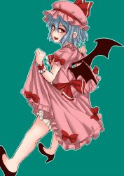 Rule 34 | 1girl, back, bat wings, bloomers, blue hair, bow, clothes lift, fang, green background, hat, hat ribbon, high heels, looking at viewer, looking back, mob cap, opagi, open mouth, puffy sleeves, red eyes, remilia scarlet, ribbon, sash, shirt, short hair, short sleeves, simple background, skirt, skirt lift, skirt set, smile, solo, touhou, underwear, vest, wings, wrist cuffs
