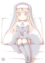 Rule 34 | 1girl, black footwear, blonde hair, blush, brown eyes, closed mouth, commentary request, couch, covering privates, covering crotch, dress, flying sweatdrops, garter straps, grey dress, grey socks, habit, hair between eyes, kneehighs, loafers, long hair, long sleeves, nijisanji, nun, on couch, reku, shoes, signature, sister claire, sister claire (1st costume), sitting, socks, solo, sweat, veil, very long hair, virtual youtuber, white background
