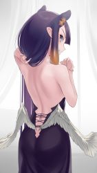 Rule 34 | 1girl, absurdres, ass, back, back focus, bare shoulders, black dress, blue eyes, blush, breasts, dress, gradient hair, highres, hololive, hololive english, long hair, looking at viewer, looking back, multicolored hair, ninomae ina&#039;nis, orange hair, pointy ears, purple hair, sidelocks, small breasts, solo, somebody (leiking00), strapless, strapless dress, tentacle hair, tube dress, very long hair, virtual youtuber