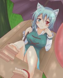 Rule 34 | 1girl, animal ears, bare legs, blue hair, blue skirt, blush, box, cat ears, closed mouth, collarbone, collared shirt, cross-laced clothes, dappled sunlight, eyebrows, fang, fang out, frown, geta, grass, green eyes, green vest, hair between eyes, heterochromia, highres, holding, holding umbrella, in box, in container, kei (seiga), kemonomimi mode, long sleeves, looking at viewer, no panties, outdoors, plant, red eyes, sandals, shirt, short hair, skirt, solo, sunlight, tatara kogasa, toes, touhou, tree, tsurime, umbrella, vest, white shirt