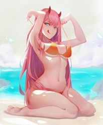 Rule 34 | 10s, 1girl, aqua eyes, armpits, arms up, barefoot, beach, bikini, breasts, darling in the franxx, day, feet, full body, half-closed eyes, highres, licking lips, long hair, looking at viewer, medium breasts, navel, orange bikini, pink hair, seiza, sitting, sky, small-9, solo, swimsuit, toes, tongue, tongue out, underboob, untied bikini, water, zero two (darling in the franxx)