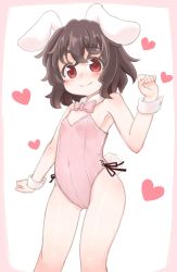 Rule 34 | 1girl, animal ears, black hair, blush, bow, bowtie, brown hair, detached collar, heart, highres, inaba tewi, kibisake, leotard, looking at viewer, md5 mismatch, playboy bunny, rabbit ears, rabbit tail, red eyes, resized, resolution mismatch, short hair, smile, solo, source larger, sweat, tail, touhou, wrist cuffs