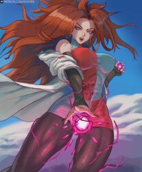 Rule 34 | 1girl, abs, android 21, artist name, black nails, black pantyhose, black sleeves, blue dress, blue eyes, blue sky, breasts, brown hair, checkered clothes, checkered dress, cloud, coat, covered erect nipples, curly hair, day, detached sleeves, dragon ball, dragon ball fighterz, dress, earrings, electricity, energy, energy ball, hoop earrings, howxen, jewelry, lab coat, large breasts, long hair, looking back, nail polish, off shoulder, open mouth, outdoors, pantyhose, particles, patreon logo, patreon username, red dress, sky, sleeveless, sleeveless dress, solo, teeth, two-tone dress, upper teeth only, watermark, web address, white coat