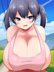 Rule 34 | 1girl, apron, areola slip, black eyes, black hair, breasts, character request, cleavage, cloud, dot nose, eyelashes, female focus, grass, huge breasts, looking at viewer, matching hair/eyes, mountain, naked apron, norio (pheromosa times), outdoors, pink apron, shiny skin, short hair, sky, smile, solo, standing, twintails, upper body