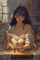 Rule 34 | 1girl, absurdres, artist name, bare shoulders, blush, breasts, candle, candlelight, candlestand, canvas (medium), cleavage, commentary, faux traditional media, genshin impact, highres, large breasts, lipstick, long hair, looking at object, makeup, painterly, purple eyes, purple hair, purple lips, raiden shogun, ravine bells, shirt, solo