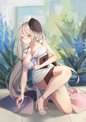 Rule 34 | 1girl, absurdres, aquila (azur lane), aquila (green garden elegant sadia) (azur lane), azur lane, black headwear, book, breasts, cleavage, cocktail dress, dress, dripping, egg vibrator, evening gown, full body, green eyes, high heels, highres, holding, holding book, large breasts, light brown hair, long hair, looking at viewer, naughty face, outdoors, pussy juice, reaching, sex toy, shoes, solo, tilted headwear, toeless footwear, very long hair, vibrator, whatwine, white footwear