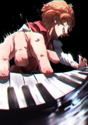Rule 34 | 1girl, absurdres, black background, brown hair, commentary request, fingernails, green eyes, grin, hat, hat ornament, highres, instrument, keyboard (instrument), long sleeves, looking down, lyrica prismriver, medium bangs, motion blur, music, pink nails, playing instrument, red hat, red vest, shirt, short hair, smile, solo, sotatsudraw, star (symbol), star hat ornament, touhou, upper body, vest, white shirt