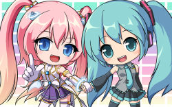 Rule 34 | 00s, 2girls, angelic buster, blue eyes, blue hair, bow, bowtie, crossover, detached sleeves, fang, hatsune miku, holding hands, horns, long hair, maplestory, multiple girls, nekono rin, open mouth, pink hair, pleated skirt, pointing, purple skirt, ribbon, skirt, smile, thighhighs, twintails, two side up, very long hair, vocaloid