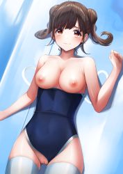 Rule 34 | 1girl, absurdres, bare arms, bare shoulders, blue one-piece swimsuit, blush, breasts, brown hair, censored, closed mouth, clothes pull, clothing aside, cowboy shot, double bun, hair bun, highres, idolmaster, idolmaster shiny colors, large breasts, looking at viewer, mosaic censoring, nipples, one-piece swimsuit, one-piece swimsuit pull, pussy, red eyes, short hair, solo, sonoda chiyoko, sora (men0105), standing, swimsuit, swimsuit aside, thighhighs, twintails, white thighhighs