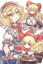 Rule 34 | 3girls, alice margatroid, black dress, blonde hair, blue dress, bow, bowtie, capelet, cookie, cup, dress, floral print, flower, food, frills, green eyes, headband, highres, holding, holding cup, jewelry, long hair, looking at viewer, multiple girls, puffy sleeves, puppet, red flower, red ribbon, red scarf, ribbon, ring, scarf, shanghai doll, short hair, string, suna sen, tea, teapot, touhou, tray, white background, white capelet, yellow eyes