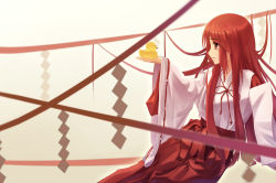 Rule 34 | 1girl, brown eyes, from side, hakama, hakama skirt, holding, japanese clothes, kimono, lace-trimmed sleeves, lace trim, long hair, miko, original, red hair, red hakama, skirt, solo, white kimono, xiaoyin li
