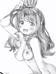 Rule 34 | 1girl, :d, bad id, bad pixiv id, blush, breasts, crescent, crescent earrings, crown, earrings, greyscale, hand up, highres, himemori luna, hololive, jewelry, long hair, looking at viewer, medium breasts, monochrome, nanashi (nlo), navel, nipples, nude, open mouth, round teeth, smile, solo, teeth, upper teeth only, virtual youtuber