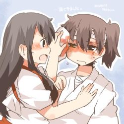 Rule 34 | 10s, 2girls, akagi (kancolle), bad id, bad twitter id, bandages, black eyes, blood, blush, brown hair, hands on another&#039;s chest, japanese clothes, kaga (kancolle), kantai collection, long hair, lowres, multiple girls, open mouth, rebecca (keinelove), scolding, short hair, side ponytail, towel, wiping face