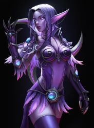 Rule 34 | 1girl, absurdres, alisa nilsen, black background, breasts, claws, colored skin, commentary, cowboy shot, dark elf, ear covers, earrings, elf, english commentary, facial mark, gauntlets, hand up, highres, jewelry, linked piercing, long hair, looking at viewer, medium breasts, night elf (warcraft), parted lips, pelvic curtain, piercing, pink skin, pointy ears, purple eyes, purple hair, purple thighhighs, simple background, solo, standing, thighhighs, warcraft, world of warcraft