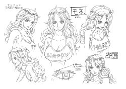 Rule 34 | 1girl, absurdres, bare arms, breasts, character sheet, concept art, female focus, highres, large breasts, long hair, looking at viewer, monet (one piece), monochrome, multiple views, no bra, official art, one piece, scan, smile, toei animation, translation request, very long hair, white background, yellow eyes
