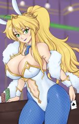 Rule 34 | 1girl, absurdres, ace (playing card), ace of clubs, animal ears, artoria pendragon (all), artoria pendragon (fate), artoria pendragon (swimsuit ruler) (fate), blonde hair, breasts, card, club (shape), fake animal ears, fate/grand order, fate (series), feather boa, green eyes, gummslime, highres, large breasts, leotard, navel, pantyhose, playboy bunny, playing card, poker chip, purple lips, rabbit ears, solo, strapless, strapless leotard