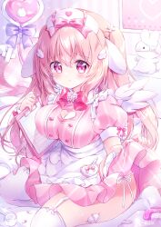 Rule 34 | 0 0, 1girl, :|, animal ears, apron, bandages, blush, bow, bowtie, breasts, chiika (cure cherish), cleavage cutout, clipboard, closed mouth, clothes lift, clothing cutout, dress, dress lift, eyepatch, frills, furrowed brow, garter straps, hair between eyes, hair ornament, hat, heart, holding, holding clipboard, juliet sleeves, large breasts, long hair, long sleeves, nurse, nurse cap, original, panties, pill, pillow, pink bow, pink dress, pink eyes, puffy sleeves, rabbit ears, rabbit hair ornament, seiza, short sleeves, side-tie panties, sitting, stuffed animal, stuffed toy, thighhighs, thighs, two side up, underwear, waist apron, white panties, white thighhighs, wings