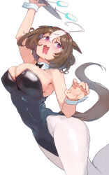 Rule 34 | 1girl, :3, absurdres, ahoge, amepa (ame pinecandy), animal ears, arm up, blush, breasts, brown hair, champagne flute, cleavage, commentary request, covered navel, cup, detached collar, drinking glass, flying sweatdrops, highres, holding, holding tray, horse ears, horse girl, horse tail, large breasts, leotard, medium hair, meisho doto (umamusume), multicolored hair, new year, open mouth, pantyhose, playboy bunny, purple eyes, simple background, solo, tail, tearing up, tears, tray, two-tone hair, umamusume, wavy mouth, white background, white pantyhose, wrist cuffs
