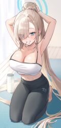 Rule 34 | 1girl, absurdres, armpits, arms up, asuna (blue archive), bare arms, bare shoulders, barefoot, black pants, blue archive, blue eyes, breasts, camisole, cleavage, commentary request, crop top, grey hair, grin, hair over one eye, highres, indoors, kneeling, large breasts, leggings, long hair, looking at viewer, midriff, miho (mymiho), mouth hold, navel, pants, ponytail, smile, solo, spaghetti strap, stomach, teeth hold, thighs, unfinished, very long hair