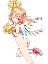 Rule 34 | 1girl, ass, blonde hair, bottomless, cheerleader, fang, flandre scarlet, no panties, nude filter, open mouth, pom pom (cheerleading), red eyes, shoes, side ponytail, simple background, sneakers, socks, solo, sushoyushi, third-party edit, touhou, wings
