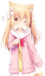 Rule 34 | 1girl, ;), absurdres, animal ear fluff, animal ears, blush, bow, brown eyes, closed mouth, commentary request, hair between eyes, hair bow, heart, highres, jacket, light brown hair, long hair, long sleeves, looking at viewer, miike-chan, nakkar, one eye closed, open clothes, open jacket, original, pink jacket, pleated skirt, red bow, sailor collar, shirt, simple background, skirt, smile, solo, tail, twintails, white background, white bow, white sailor collar, white skirt, yellow shirt