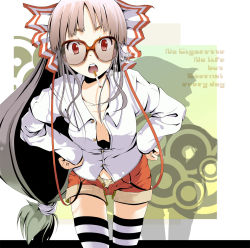 Rule 34 | 1girl, alternate costume, bad id, bad pixiv id, bespectacled, bow, cigarette, contemporary, english text, engrish text, female focus, fujiwara no mokou, glasses, hair bow, highres, long hair, panties, ranguage, red eyes, shorts, silver hair, smoking, solo, striped clothes, striped thighhighs, suspenders, thighhighs, touhou, underwear, yae (mono110)