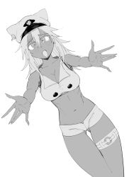 Rule 34 | 1girl, breasts, buttons, cleavage, clover, crop top, dark skin, greyscale, gs16 (chug), guilty gear, hat, highres, hug, jourjii, large breasts, medium hair, midriff, monochrome, navel, open mouth, ramlethal valentine, reaching, reaching towards viewer, shorts, smile, solo, thick thighs, thigh strap, thighs, vest, white background
