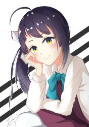 Rule 34 | 1girl, ahoge, asymmetrical bangs, asymmetrical hair, bad id, bad pixiv id, black hair, blue bow, blue bowtie, blush, bow, bowtie, collared shirt, commentary request, dated, diagonal stripes, dress, from side, fujinami (kancolle), gradient hair, grey hair, grin, hair ribbon, kantai collection, long sleeves, looking at viewer, misaki yunosu, multicolored hair, pantyhose, purple dress, ribbon, school uniform, shirt, side ponytail, signature, sleeveless, sleeveless dress, smile, solo, squatting, striped, white pantyhose, white ribbon, white shirt