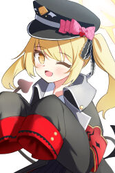 Rule 34 | 1girl, absurdres, black coat, black hat, black tail, black wings, blonde hair, blue archive, blush, coat, commentary, demon tail, demon wings, halo, hat, highres, ibuki (blue archive), long hair, looking at viewer, moepu., one eye closed, open mouth, peaked cap, side ponytail, simple background, sleeves past fingers, sleeves past wrists, smile, solo, tail, upper body, white background, wings, yellow eyes, yellow halo