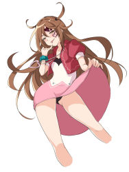 Rule 34 | 1girl, :p, bad id, bad pixiv id, black panties, blue scrunchie, blush, brown eyes, brown hair, clothes lift, contrapposto, cropped jacket, cropped legs, dress, dress lift, facial tattoo, finger to mouth, gluteal fold, hair between eyes, heart, heart necklace, heart tattoo, highres, ishihara (kuniyoshi), jacket, kagami tina, lifted by self, long hair, looking at viewer, mushiking, necklace, open clothes, open jacket, panties, pink dress, pink jacket, puffy short sleeves, puffy sleeves, scrunchie, short dress, short sleeves, simple background, smile, solo, tattoo, tongue, tongue out, two side up, underwear, very long hair, white background, wrist scrunchie