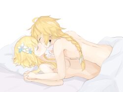 Rule 34 | 1boy, 1girl, aether (genshin impact), ahoge, blonde hair, braid, braided ponytail, breasts, brother and sister, closed eyes, completely nude, earrings, flower, genjaku, genshin impact, hair flower, hair ornament, hetero, holding hands, incest, interlocked fingers, jewelry, kiss, long hair, lumine (genshin impact), lying, nude, on back, pillow, short hair with long locks, siblings, single earring, small breasts, under covers, white background, white flower