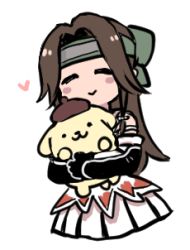 Rule 34 | 1girl, black gloves, blush, bow, brown hair, closed eyes, cropped legs, forehead protector, gloves, hair bow, headband, heart, holding, jintsuu (kancolle), kantai collection, long hair, lowres, pleated skirt, pompompurin, sanrio, simple background, skirt, smile, terrajin, white background, white skirt