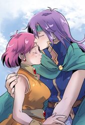 Rule 34 | 2girls, arm around shoulder, bare shoulders, blue tunic, blush, breasts, cloak, closed eyes, cloud, cloudy sky, crying, earrings, faris scherwiz, final fantasy, final fantasy v, green cloak, green headband, hair between eyes, hand on another&#039;s arm, hand on another&#039;s shoulder, headband, highres, hug, jewelry, kiss, kissing forehead, lenna charlotte tycoon, long hair, medium breasts, motsutei, multiple girls, orange tunic, pink hair, purple hair, short hair, siblings, sisters, sky, tears, upper body, wristband
