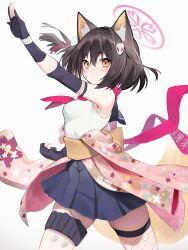 Rule 34 | 1girl, absurdres, animal ear fluff, animal ears, black gloves, black skirt, blue archive, brown hair, commentary request, diieru, elbow gloves, floral print, fox ears, fox girl, fox tail, gloves, halo, highres, holster, izuna (blue archive), kunai, light blush, neckerchief, partially fingerless gloves, pink halo, pink neckerchief, pleated skirt, short hair, simple background, skirt, solo, sweatdrop, tail, thigh holster, weapon, white background, yellow eyes