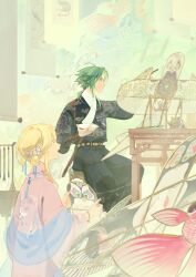 Rule 34 | alternate costume, belt, black jacket, blonde hair, chinese clothes, genshin impact, green hair, hair ornament, hanfu, highres, holding, holding palette, jacket, kite, lumine (genshin impact), medium hair, n.s.egg, open mouth, painting (action), painting kite, palette (object), pink jacket, scabbard, sheath, xiao (genshin impact)